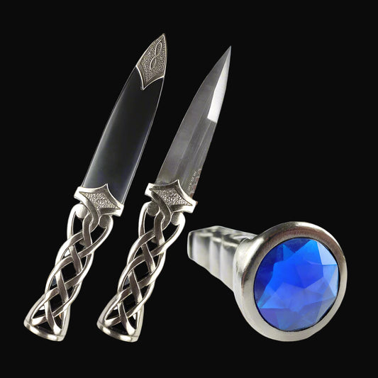 Guild Arms Blue Scottish Dirk Dagger with Celtic knot silver handle and blue jeweled pommel polished steel blade and sheath
