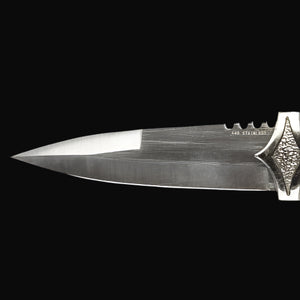 Blue Scottish Dirk Dagger Guild Arms close up of polished medieval dagger blade and ornate cross guard