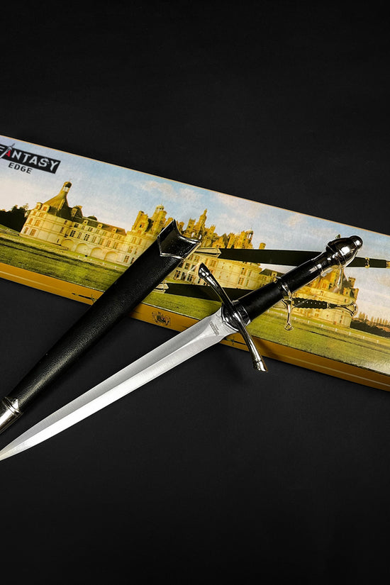 Classic Medieval Dagger by Guild Arms with a sleek blade and ornate handle in a decorative box