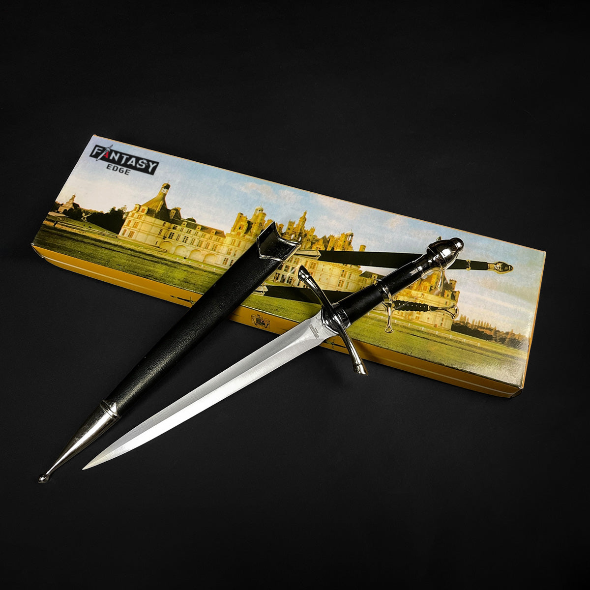 Classic Medieval Dagger by Guild Arms with a sleek blade and ornate handle in a decorative box