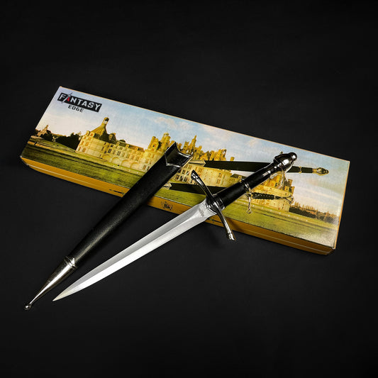 Classic Medieval Dagger by Guild Arms with a sleek blade and ornate handle in a decorative box