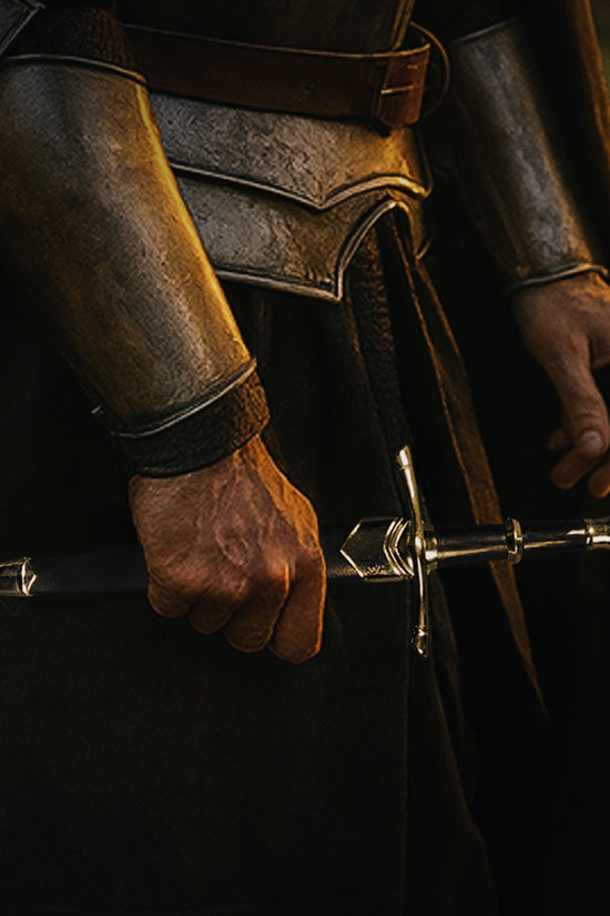 Classic Medieval Dagger by Guild Arms with a sleek design and ornate detailing, held firmly in a warrior's hand