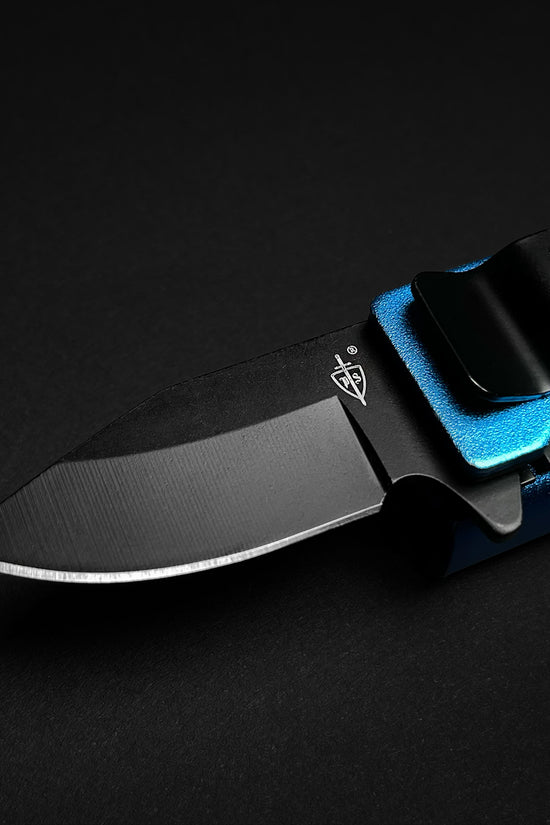Guild Arms Lighter Holder Case EDC Pocket Knife with sleek black blade and blue handle clip