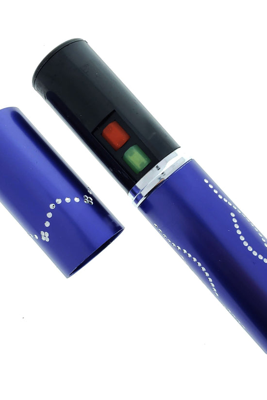Guild Arms compact stun gun for personal safety in purple with decorative design and safety buttons