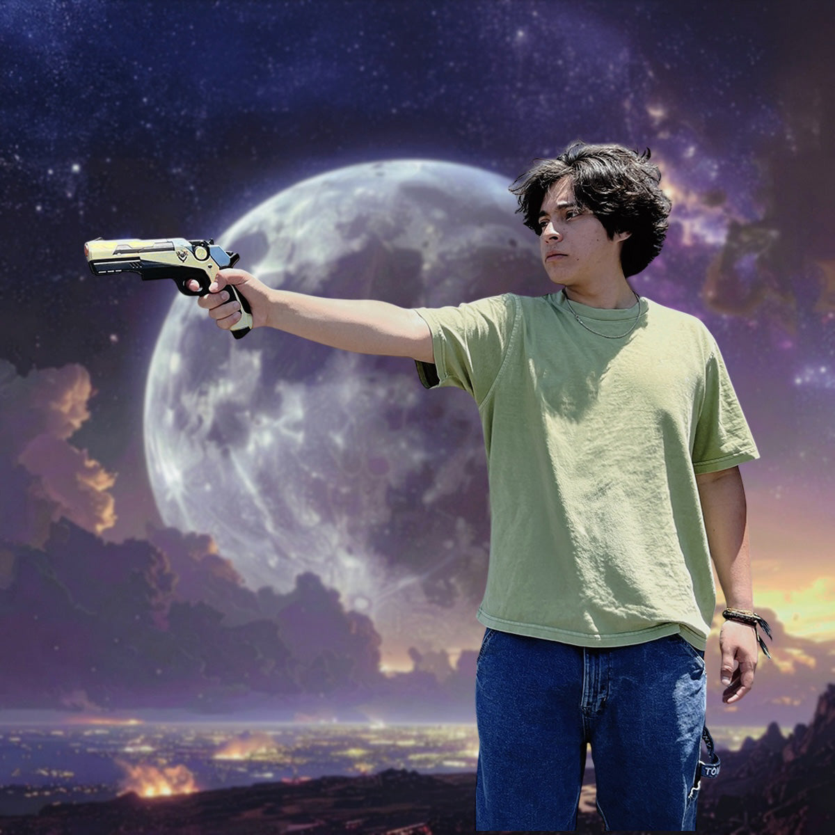 Man holding Otaku Gear cosplay foam pistol gun against a night sky with a large moon background