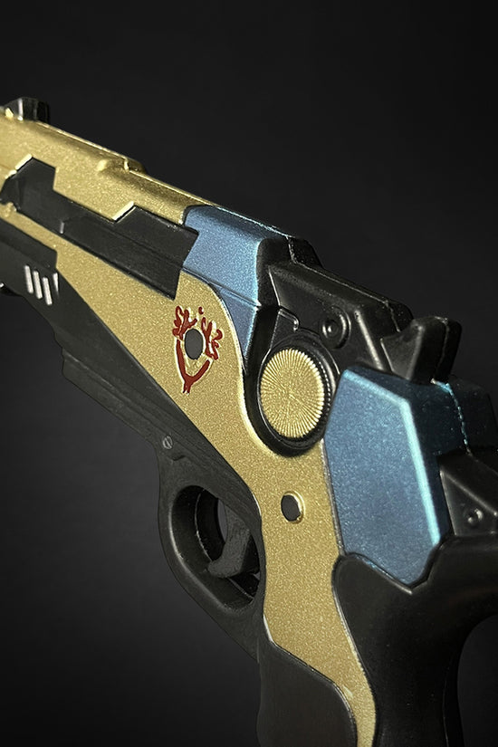 Otaku Gear cosplay foam pistol gun in black gold and blue with detailed design for cosplay use