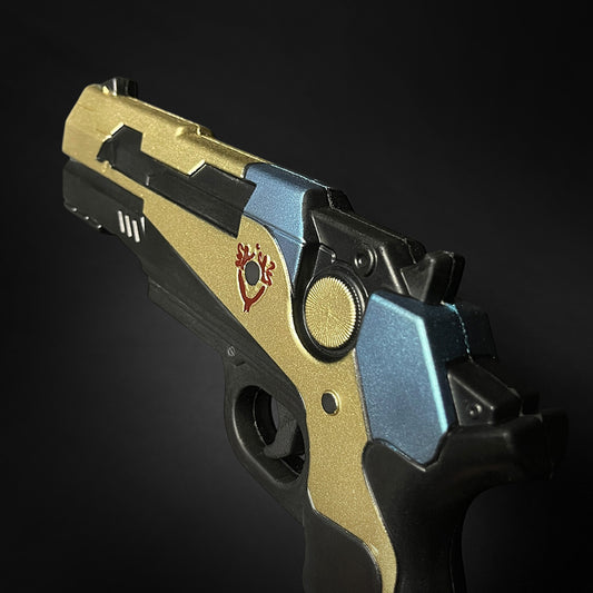Otaku Gear cosplay foam pistol gun in black gold and blue with detailed design for cosplay use