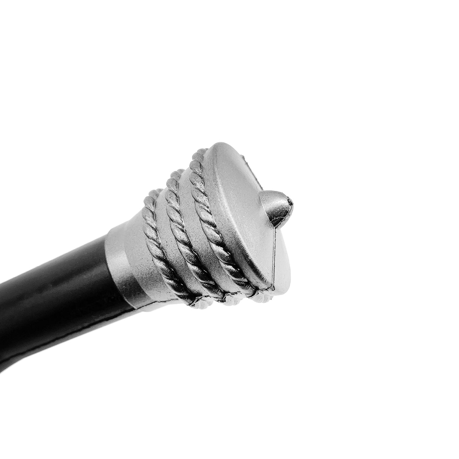 Close-up of Guild Arms Cosplay Medieval Foam Sword hilt with detailed metallic finish