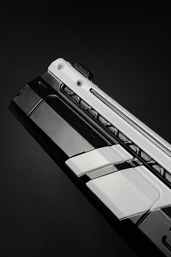 Guild Arms Cosplay White Foam Gun with sleek black and white design for costume enthusiasts