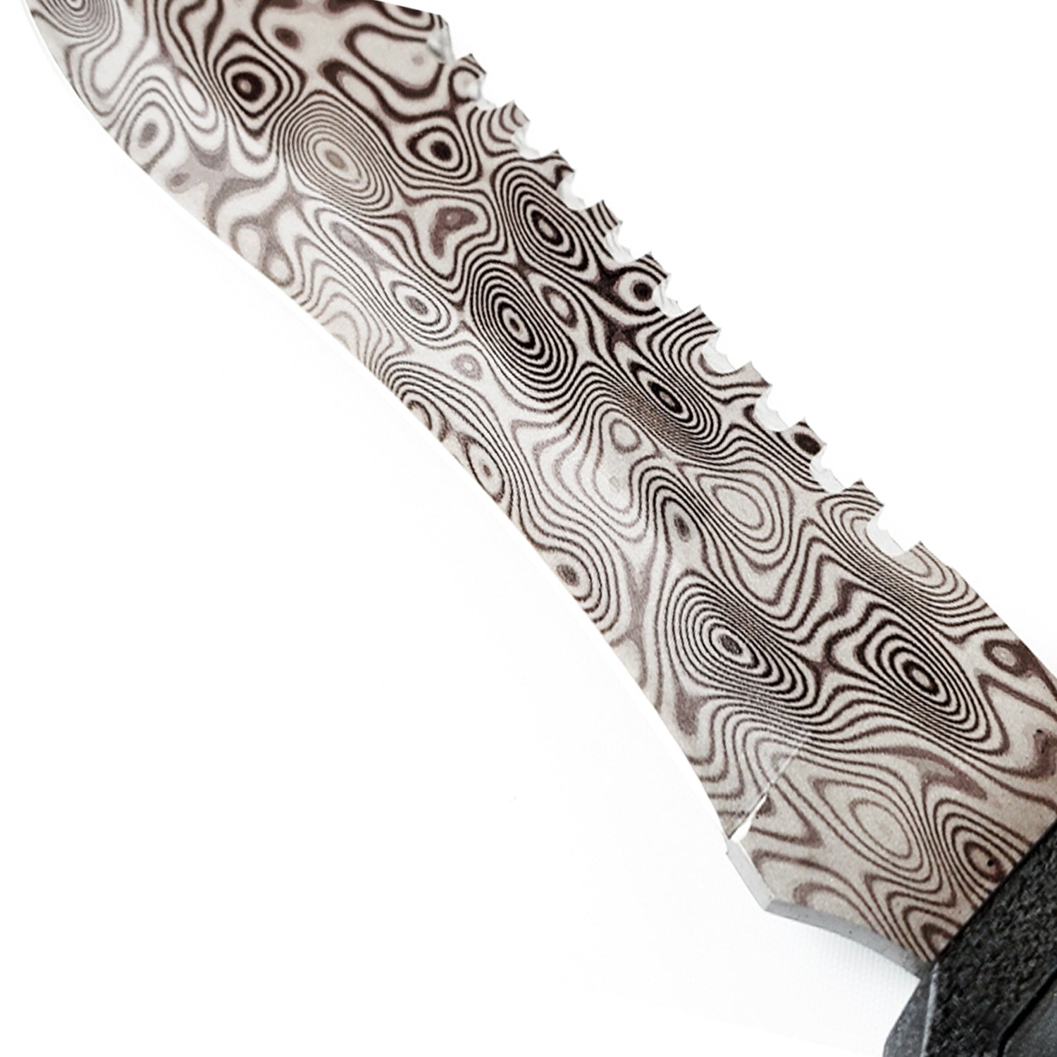 Guild Arms survival knife close up showing damascus pattern fixed blade hunting knife with serrated spine
