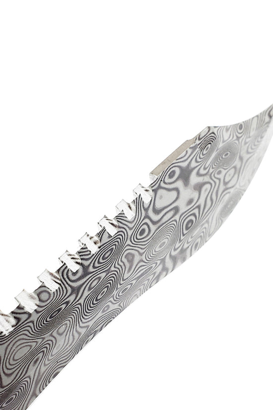 Guild Arms survival knife close up of blade with damascus pattern fixed blade hunting knife and sawtooth spine