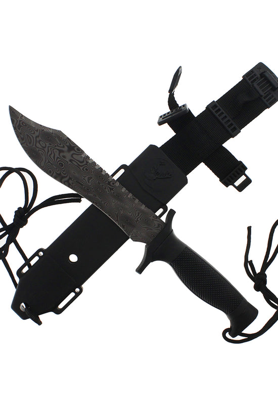 Guild Arms survival knife with damascus pattern fixed blade hunting knife textured black handle and tactical sheath