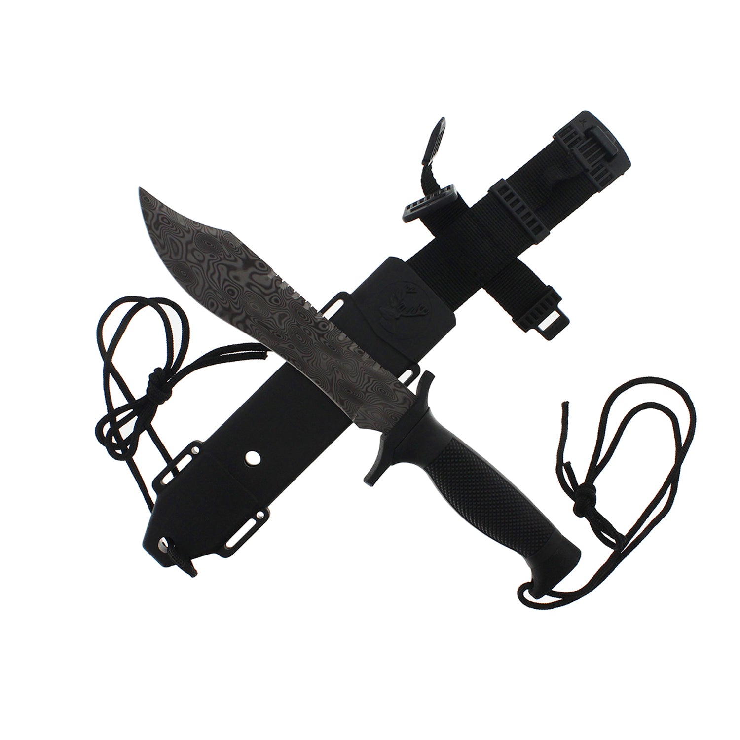 Guild Arms survival knife with damascus pattern fixed blade hunting knife textured black handle and tactical sheath