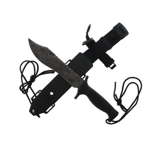 Guild Arms survival knife with damascus pattern fixed blade hunting knife textured black handle and tactical sheath