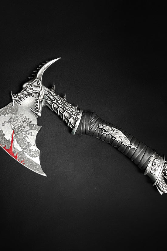 Decorative Fire Dragon Axe with Stand featuring intricate dragon design and detailed blade cutting edge