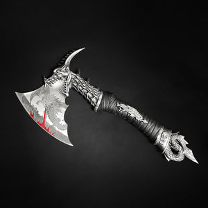Decorative Fire Dragon Axe with Stand featuring intricate dragon design and detailed blade cutting edge