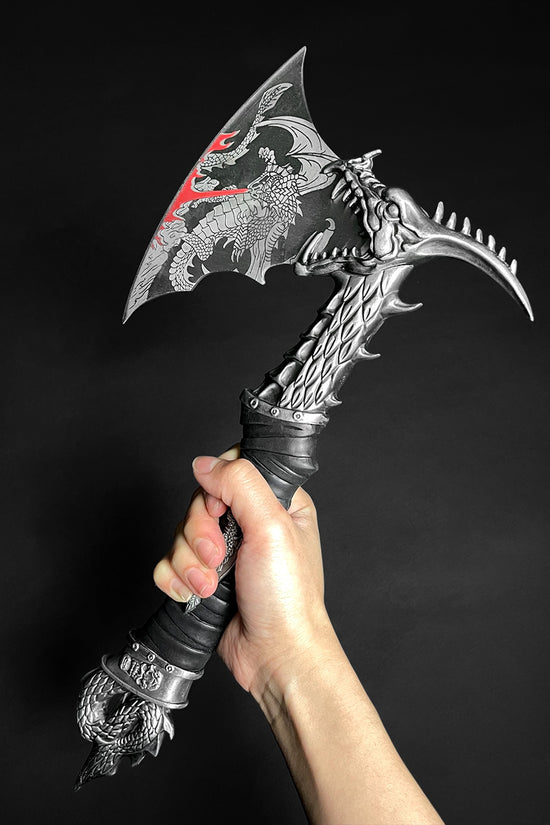 Decorative Fire Dragon Axe with Stand featuring detailed dragon design and sturdy handle for display