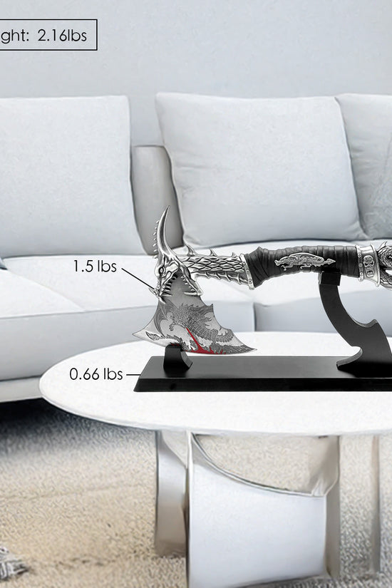 Decorative Fire Dragon Axe with Stand displayed on a modern coffee table in a stylish living room