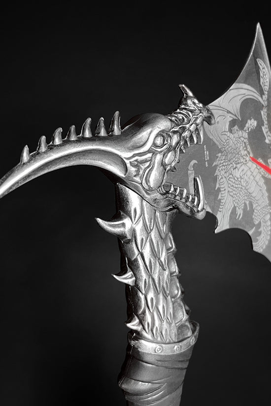 Guild Arms decorative Fire Dragon Axe with Stand featuring intricate dragon design on the blade