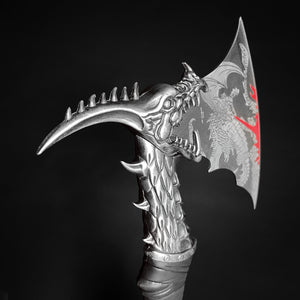 Guild Arms decorative Fire Dragon Axe with Stand featuring intricate dragon design on the blade