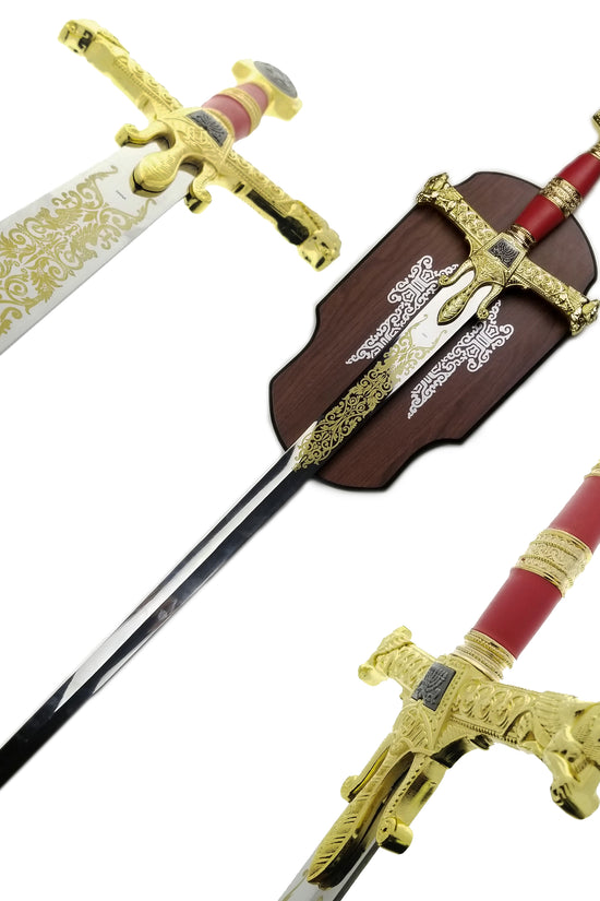 Decorative Red King Solomon Medieval Sword with ornate gold detailing and a matching display shield