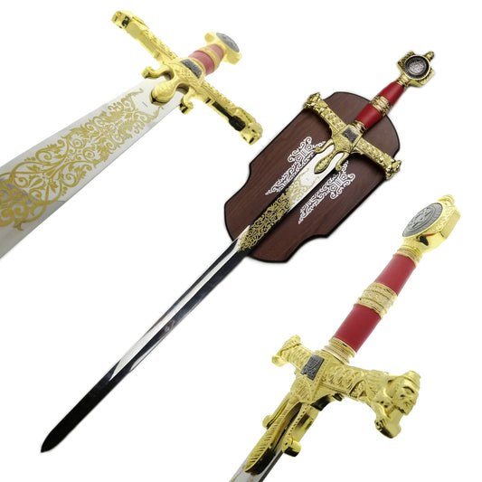 Decorative Red King Solomon Medieval Sword with ornate gold detailing and a matching display shield
