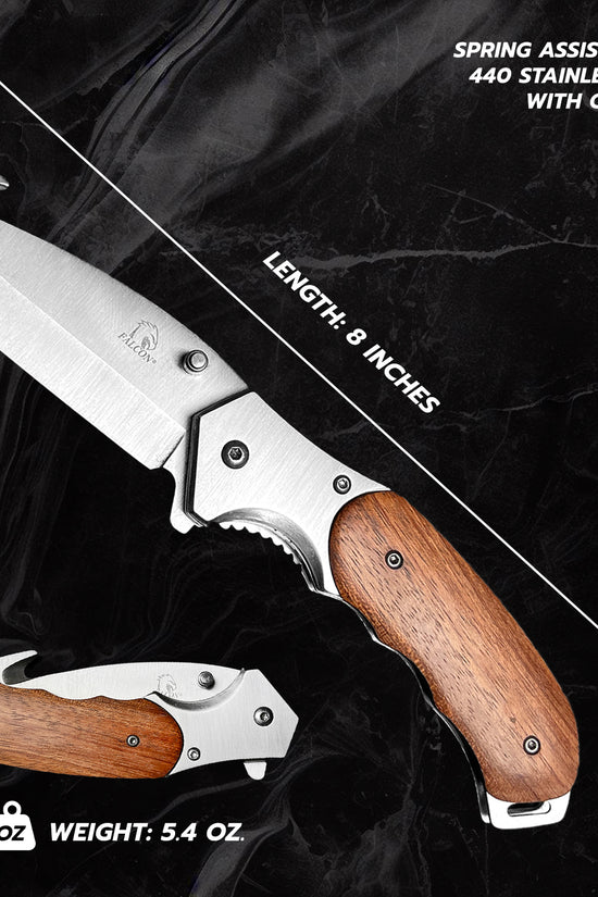 EDC Falcon Wooden Handle Pocket Knives with 440 stainless steel blade and gut hook, 8 inches long