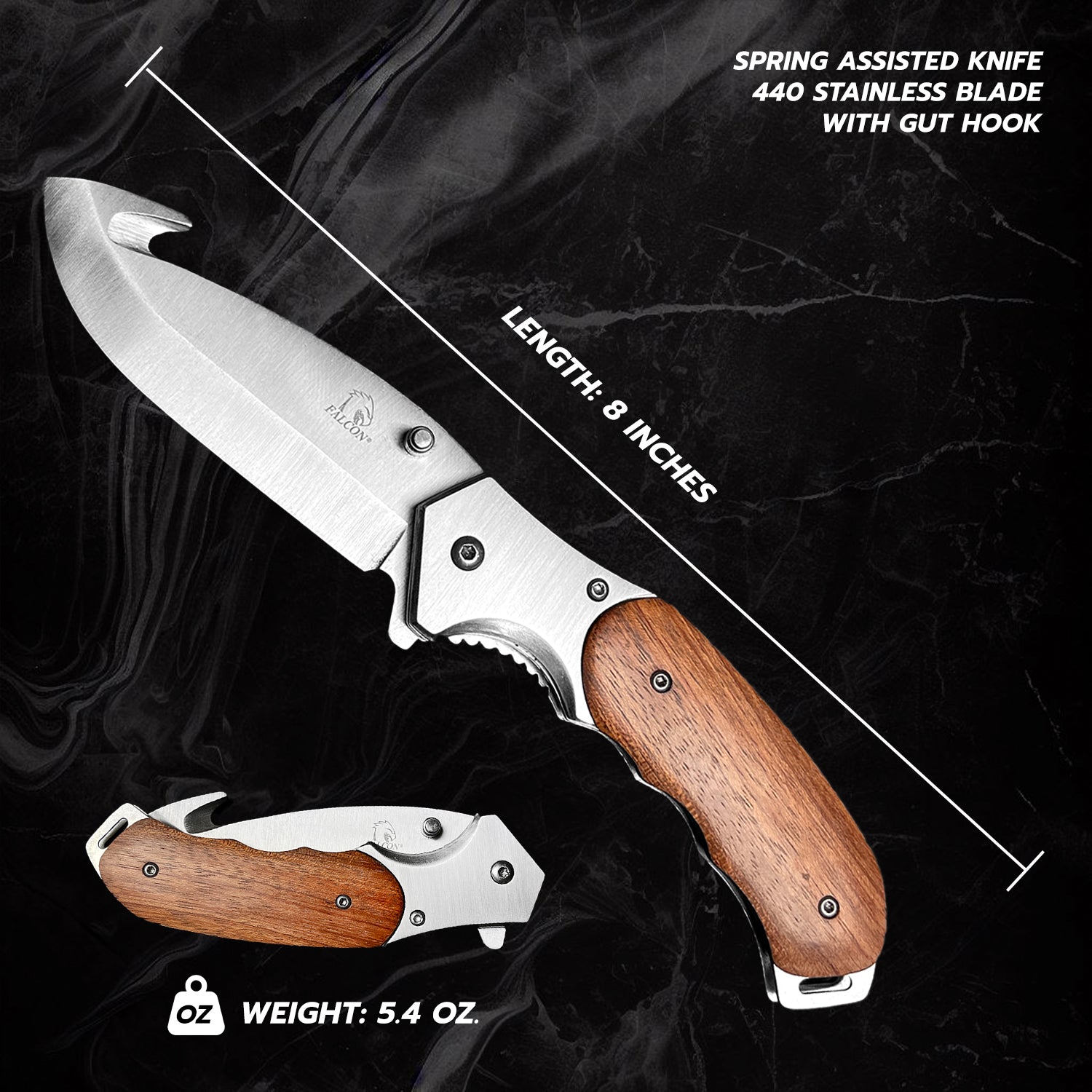 EDC Falcon Wooden Handle Pocket Knives with 440 stainless steel blade and gut hook, 8 inches long