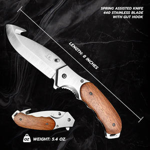 EDC Falcon Wooden Handle Pocket Knives with 440 stainless steel blade and gut hook, 8 inches long
