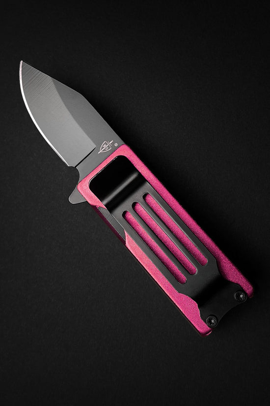 Guild Arms Lighter Knife Case Spring Assisted Pocket Knife Pink showing open drop point blade and pocket clip