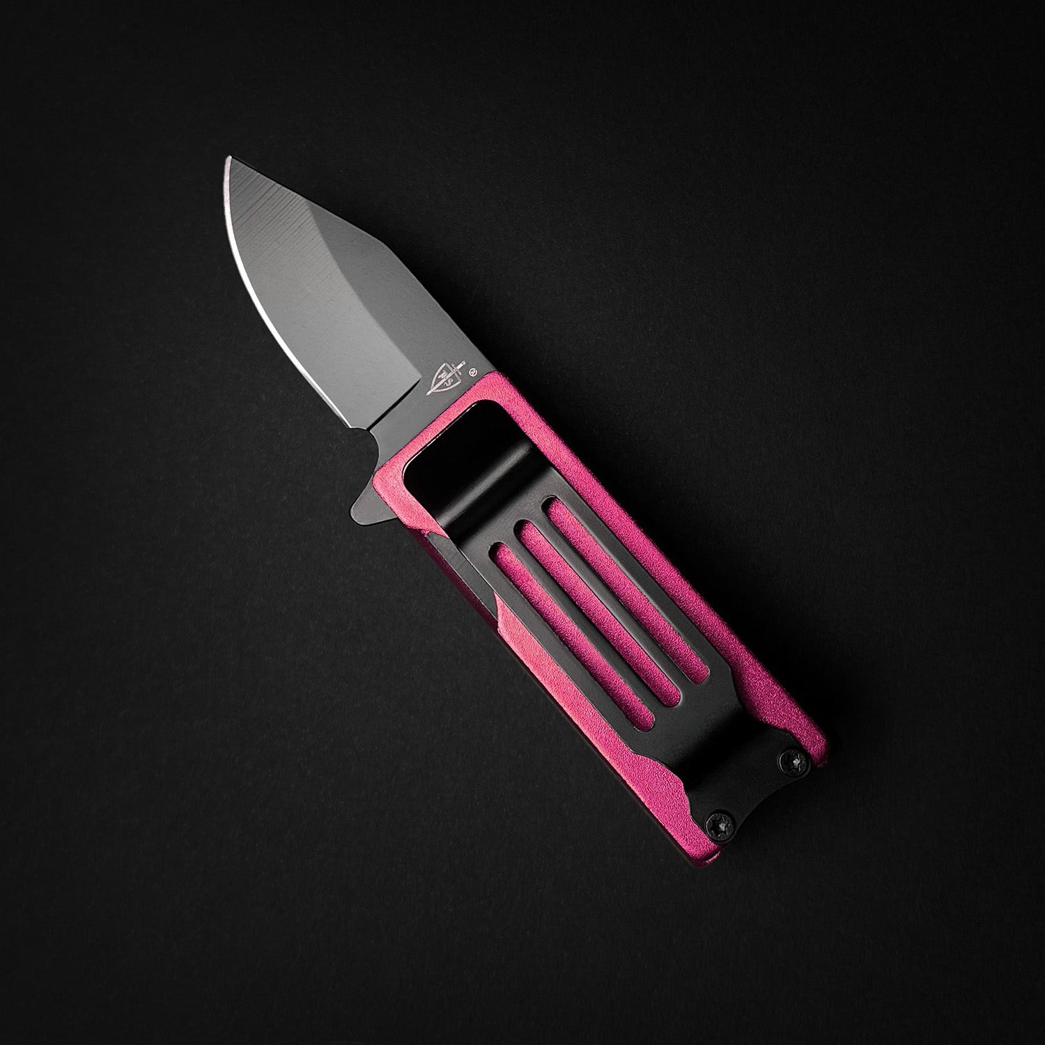 Guild Arms Lighter Knife Case Spring Assisted Pocket Knife Pink showing open drop point blade and pocket clip