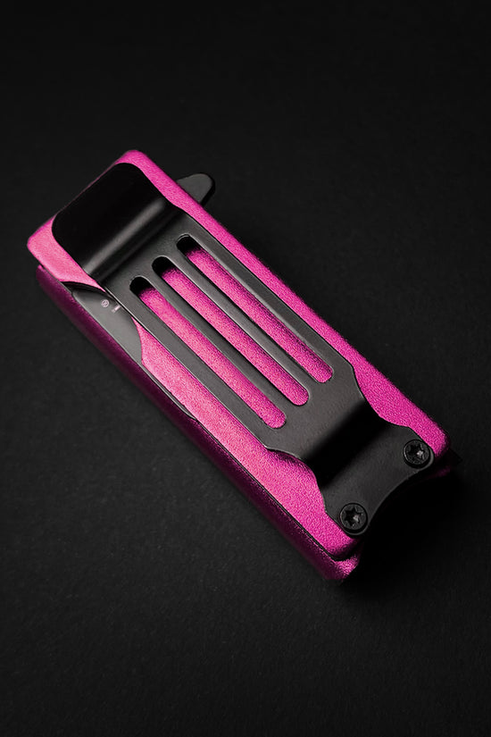 Guild Arms Lighter Knife Case Spring Assisted Pocket Knife Pink with black clip and textured aluminum EDC case