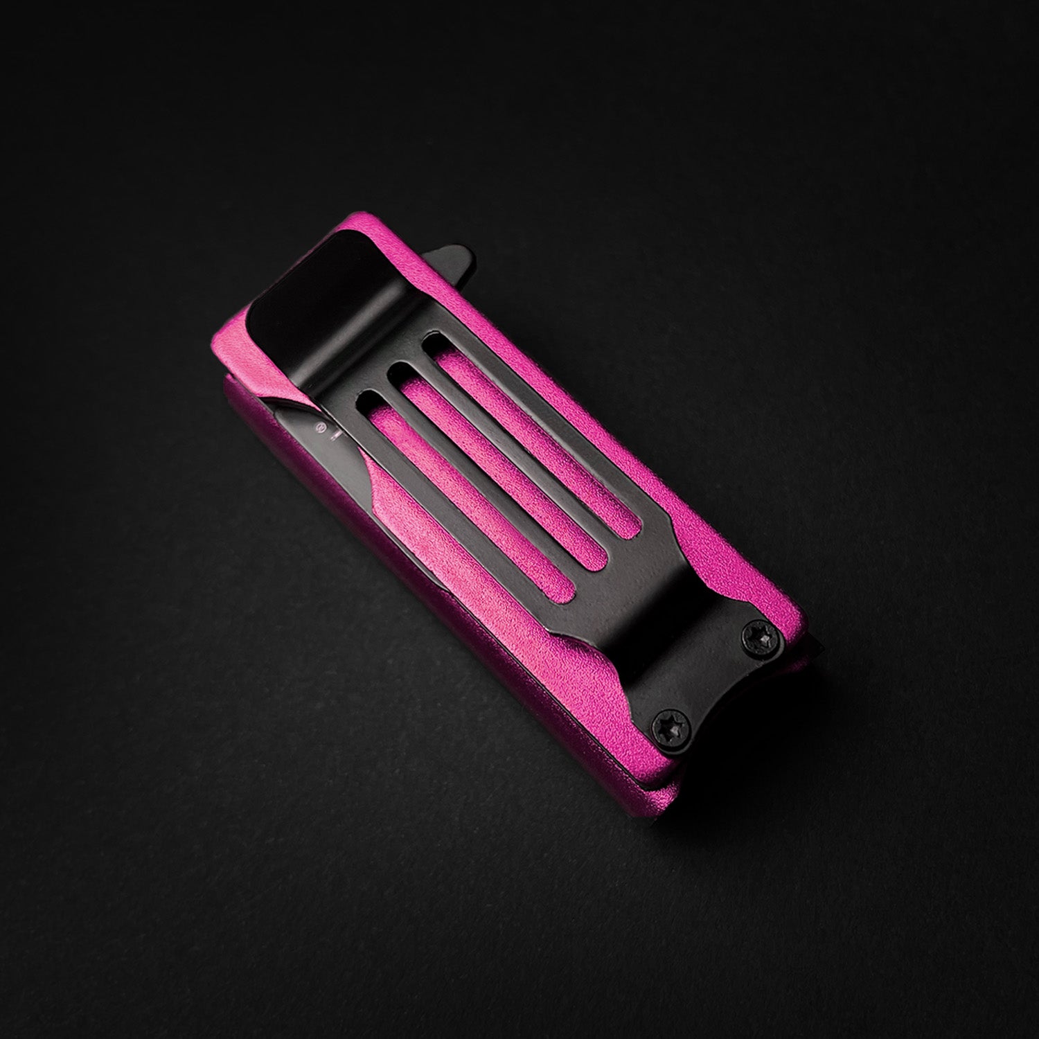 Guild Arms Lighter Knife Case Spring Assisted Pocket Knife Pink with black clip and textured aluminum EDC case