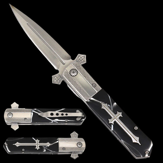 Guild Arms EDC Pocket Knife Black Handle w Cross with Spring Assisted Blade and Sleek Design