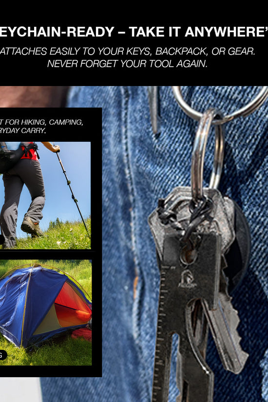 Falcon multi-tool keychain attached to a keyring on denim jeans showing hiking and camping use cases