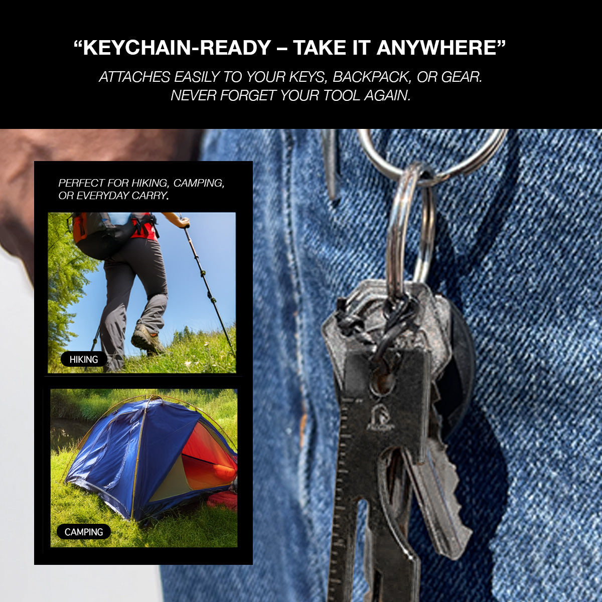 Falcon multi-tool keychain attached to a keyring on denim jeans showing hiking and camping use cases