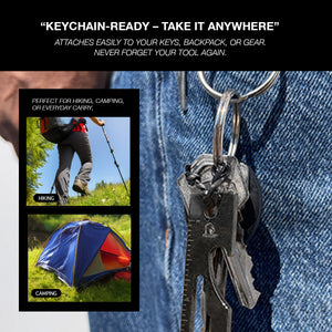 Falcon multi-tool keychain attached to a keyring on denim jeans showing hiking and camping use cases