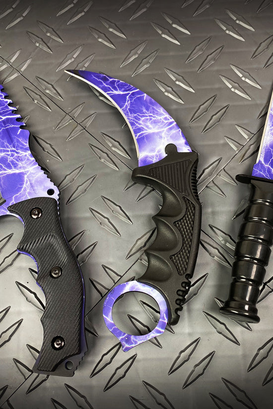 Falcon 3 PCS Blue Thunder Set Tactical Fixed Blade Knives with Dynamic Lightning Design and Durable Handles