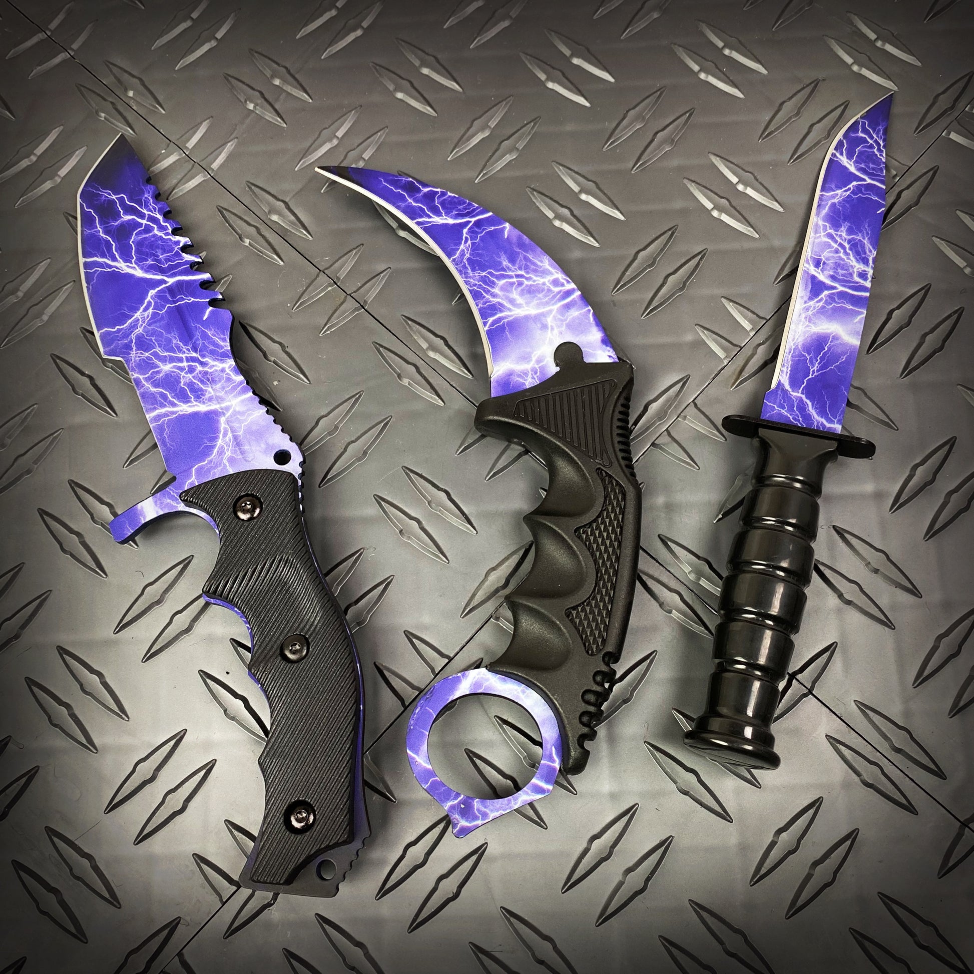 Falcon 3 PCS Blue Thunder Set Tactical Fixed Blade Knives with Dynamic Lightning Design and Durable Handles