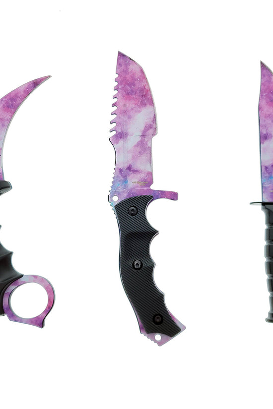 Falcon 3 PCS Pink Galaxy Set. Tactical Knives & Karambit featuring vibrant galaxy designs and ergonomic grips