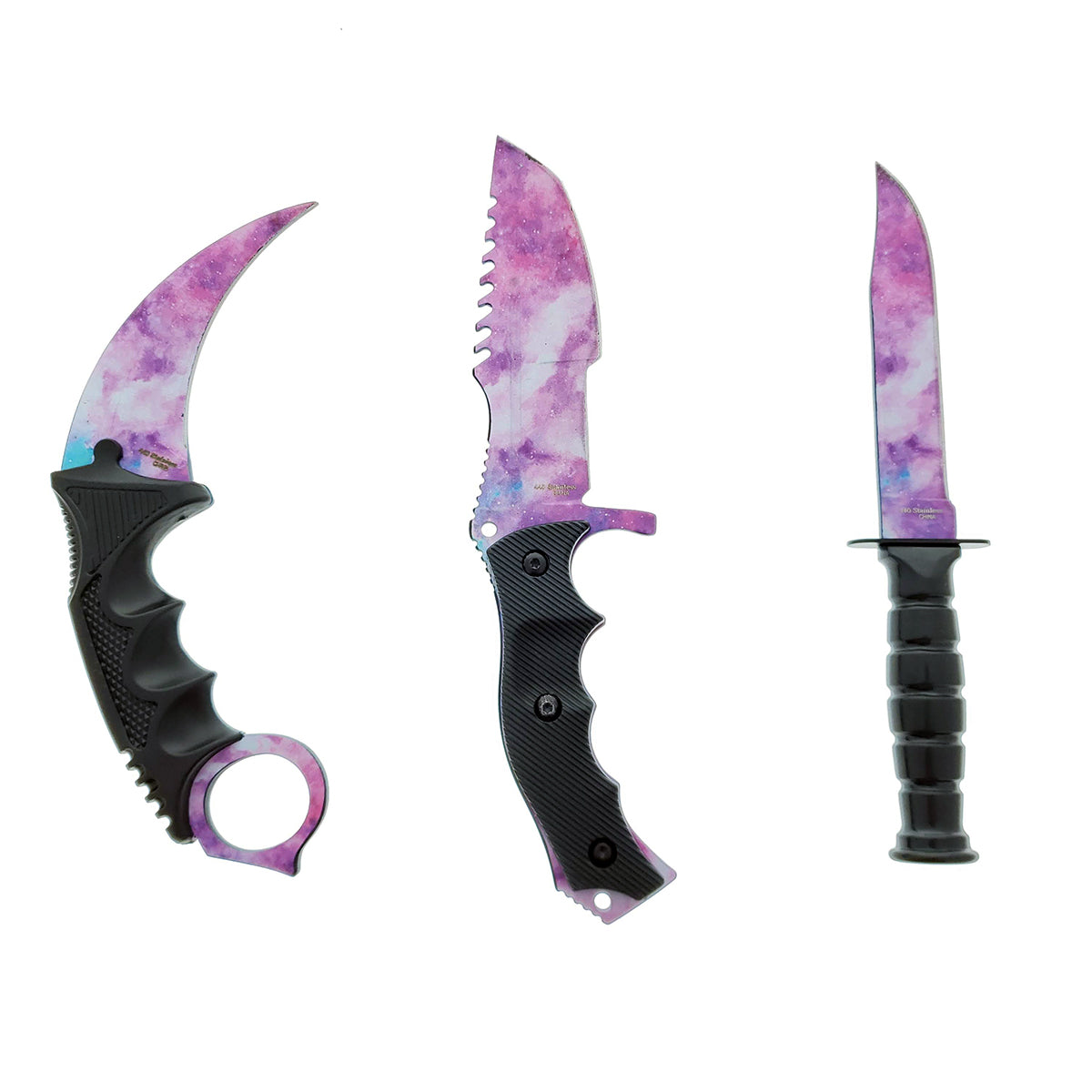 Falcon 3 PCS Pink Galaxy Set. Tactical Knives & Karambit featuring vibrant galaxy designs and ergonomic grips