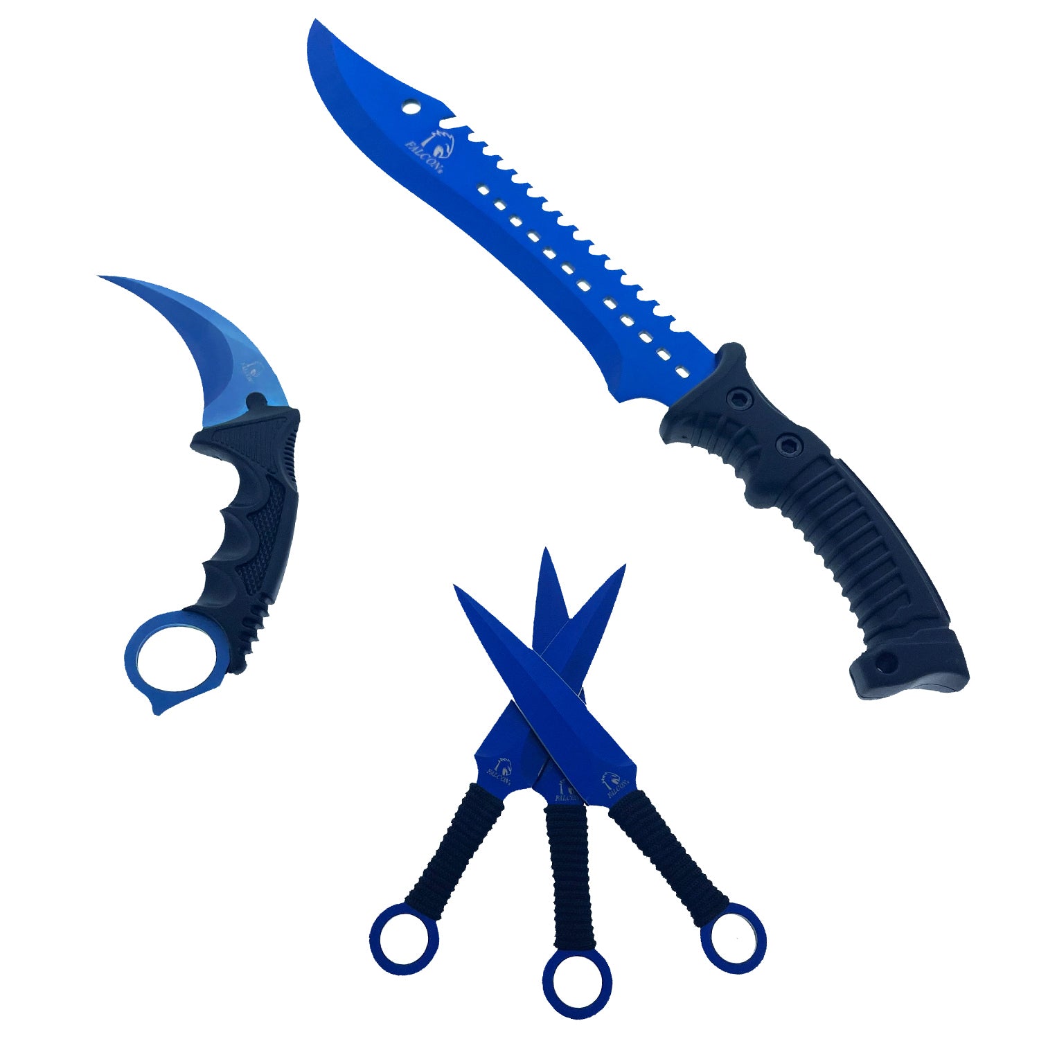 Falcon 5 Pieces Blue Set Hunting Knives Se with durable handles and versatile blade designs for outdoor enthusiasts