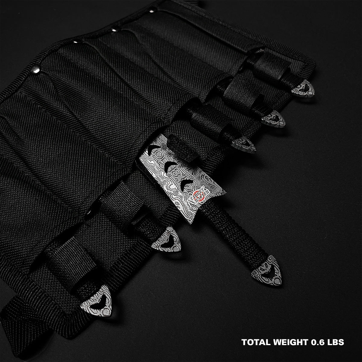 Falcon 6 PC 5 7/8" Damascus Pattern Throwing Knife Set in a sleek black carrying case