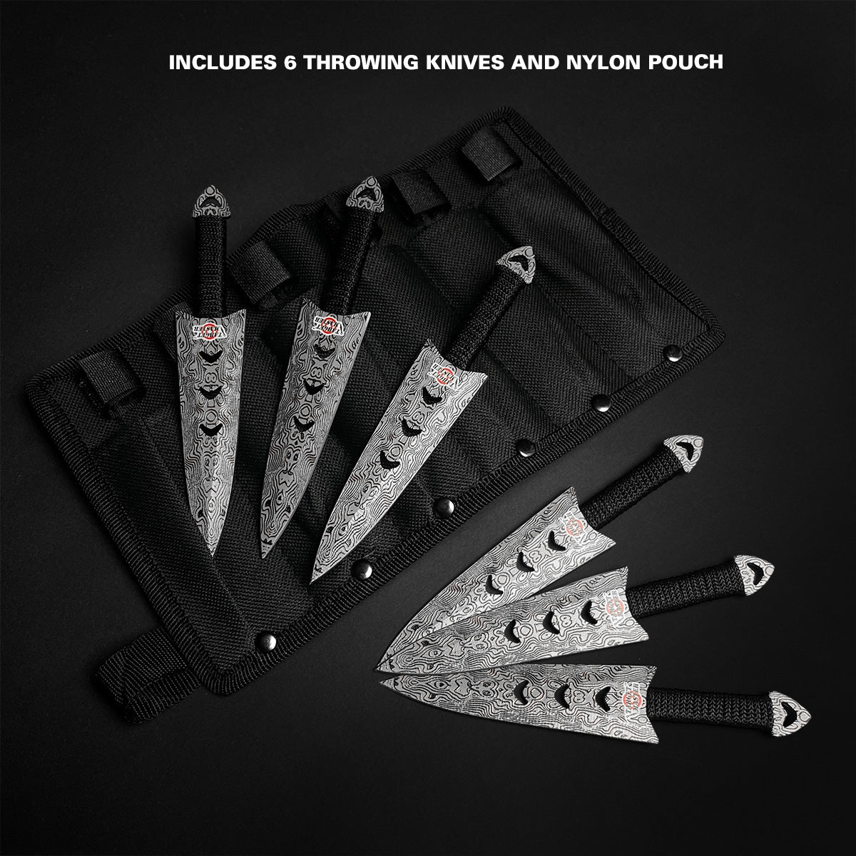 Falcon 6 PC 5 7/8" Damascus Pattern Throwing Knife Set with Nylon Pouch for easy storage.