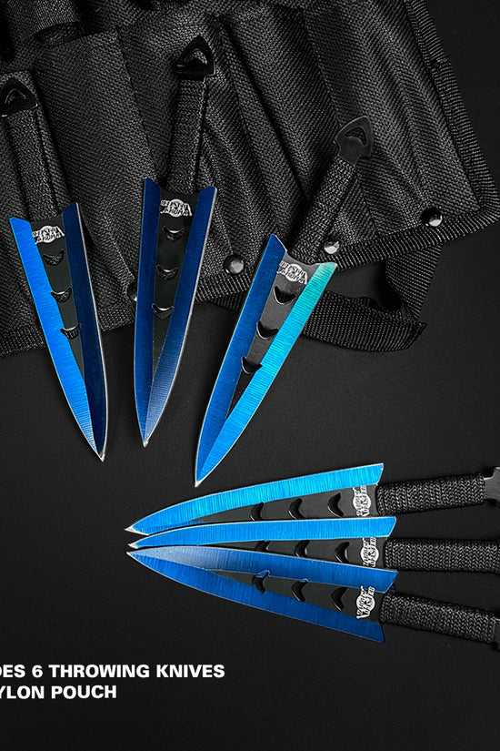 Falcon 6 PC Blue Throwing Knives Set with comfortable grips and included nylon pouch for easy storage