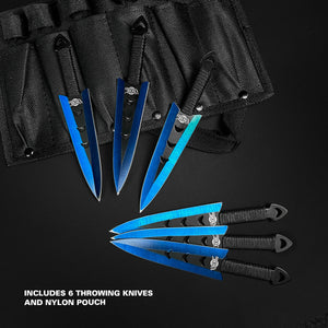 Falcon 6 PC Blue Throwing Knives Set with comfortable grips and included nylon pouch for easy storage