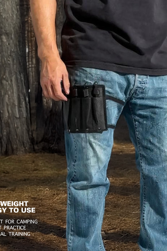 Falcon 6 PC Blue Throwing Knives Set with a user demonstrating storage in a tactical waist pouch outdoors