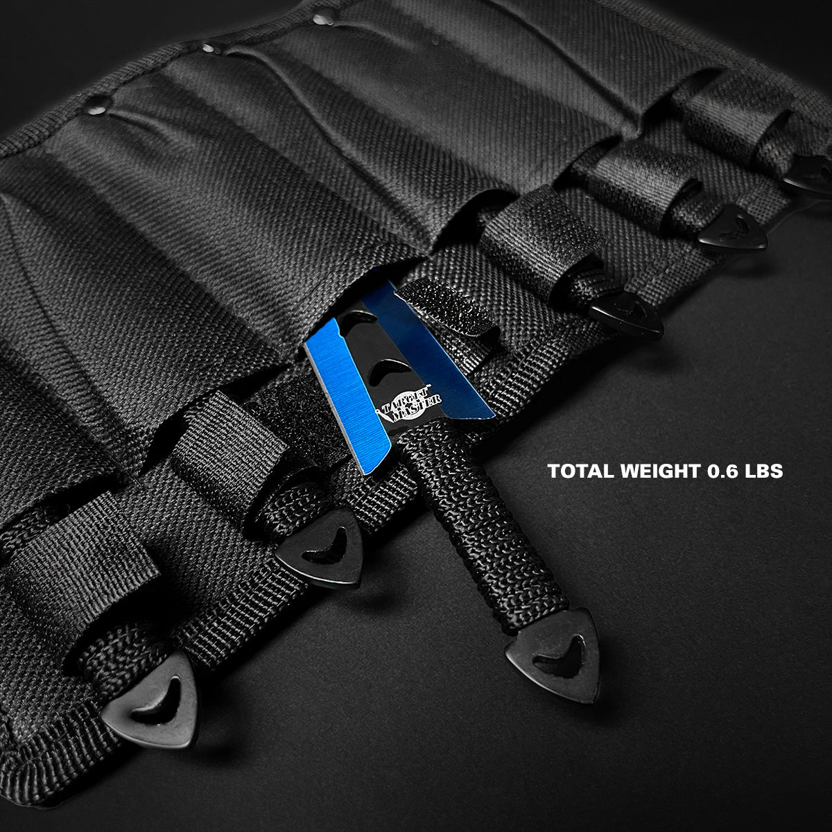 Falcon 6 PC Blue Throwing Knives Set with a black carrying case, lightweight design for easy transport