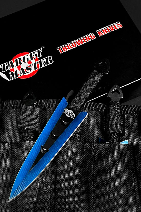 Target Master Falcon 6 PC Blue Throwing Knives Set with a durable carrying case for precision throwing