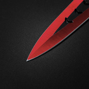 Close-up of Falcon 6 PCS Red Throwing Knives Set highlighting sharp blades and precision design